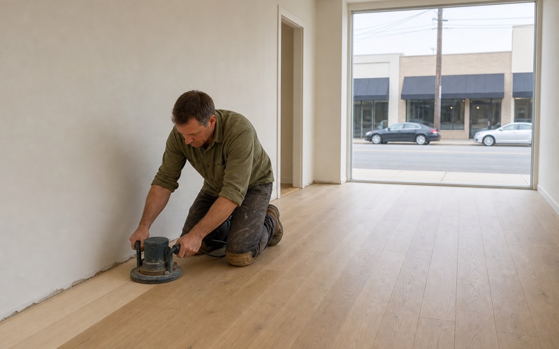Installer running an edger along the base of a wall in an empty Huntington Park ground-floor retail unit with an oak floor.