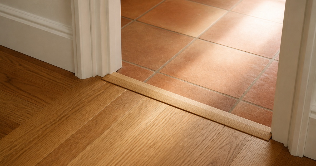 Close detail of white oak boards meeting saltillo tile at a plain reducer strip in a Huntington Park house.