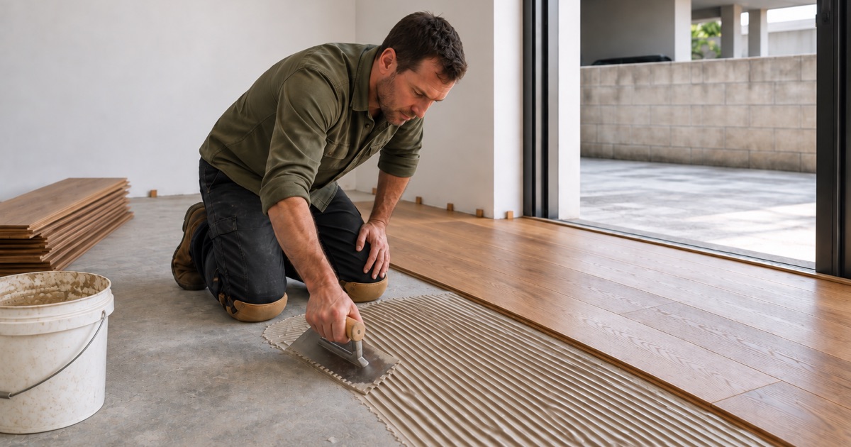 Installer troweling adhesive across a concrete slab before laying engineered oak flooring in a Huntington Park house.