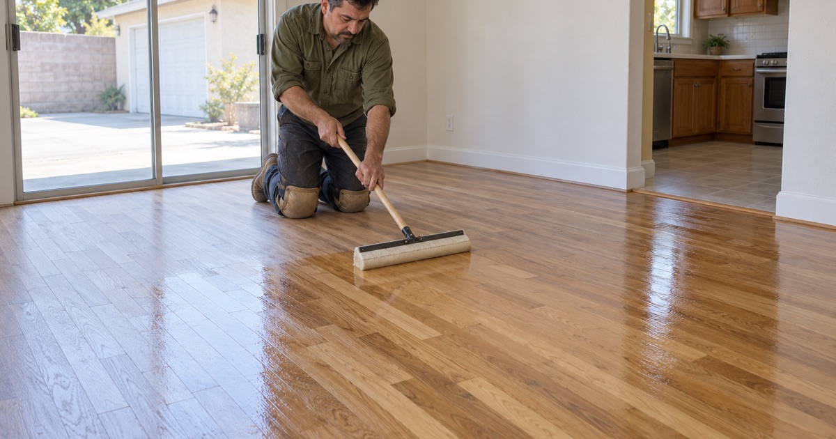 Installer blending finish across a completed board repair in a Downey house, the new oak woven into the existing floor.