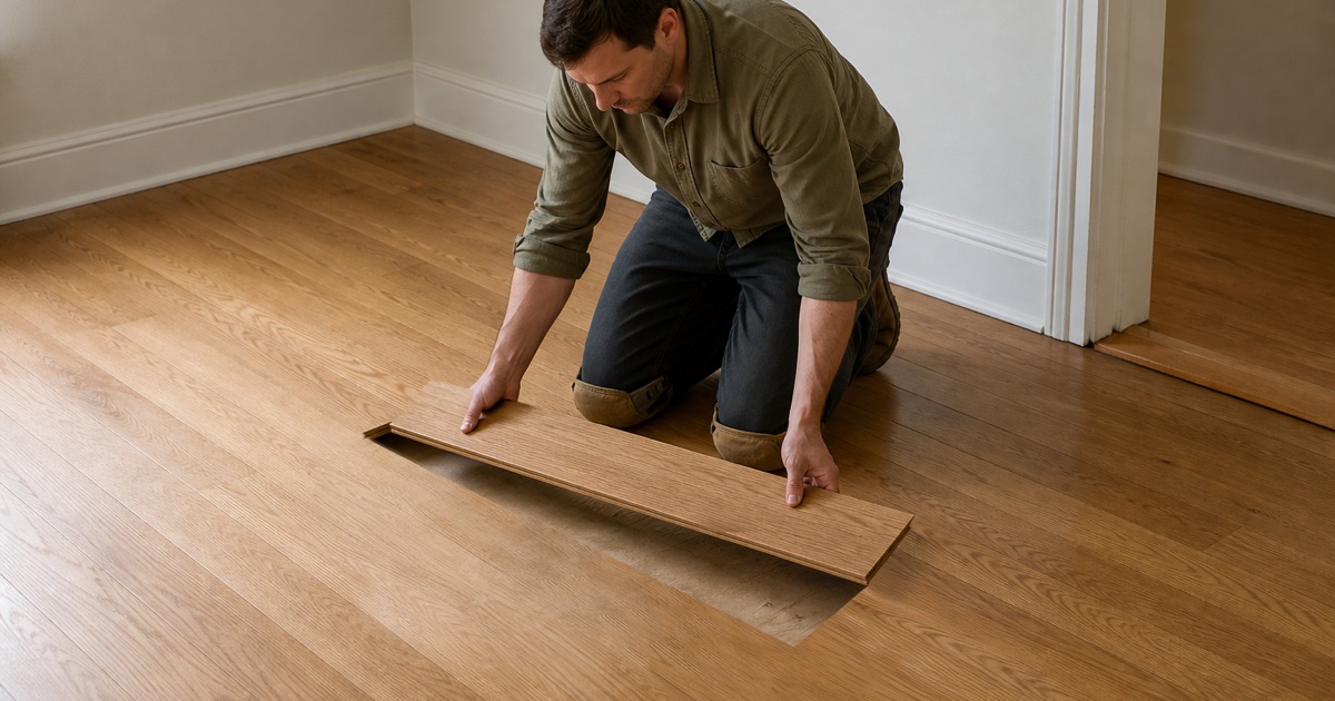 Installer lowering a matched white oak board into a staggered opening cut in an existing Huntington Park floor.