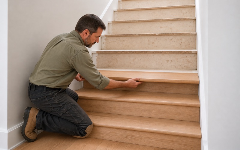 Installer setting a bullnosed white oak retro tread onto a stair in a Huntington Park house, cut to the full width of the flight.