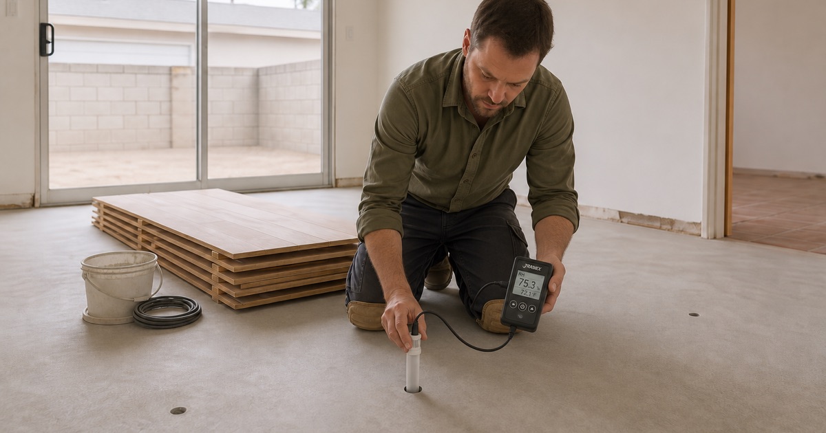 Installer setting a relative humidity probe into a drilled hole in a Huntington Park concrete slab before any flooring goes down.