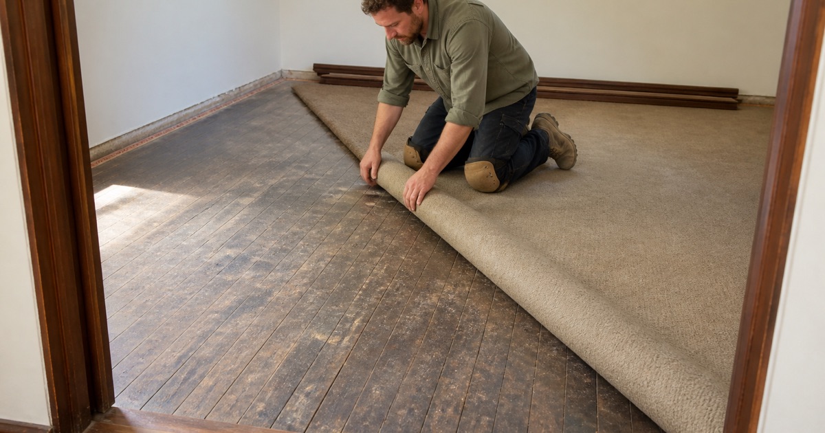 Carpet and padding pulled back in a Huntington Park bungalow to reveal original narrow strip oak underneath, with tack strip and staples still along the wall line.