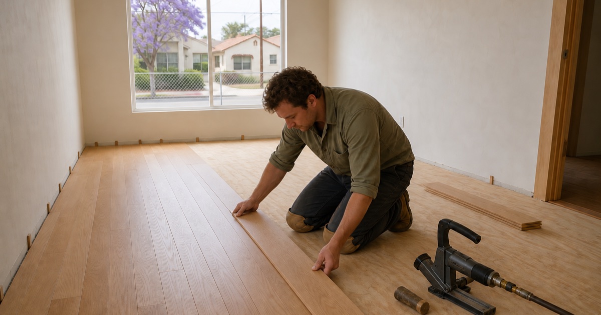 Installer racking solid white oak boards over a plywood subfloor in a Huntington Park house, expansion gap held at the wall.