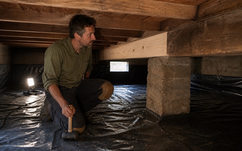 Installer sistering a new joist alongside a damaged one beneath a raised Huntington Park house, working from the crawl space.