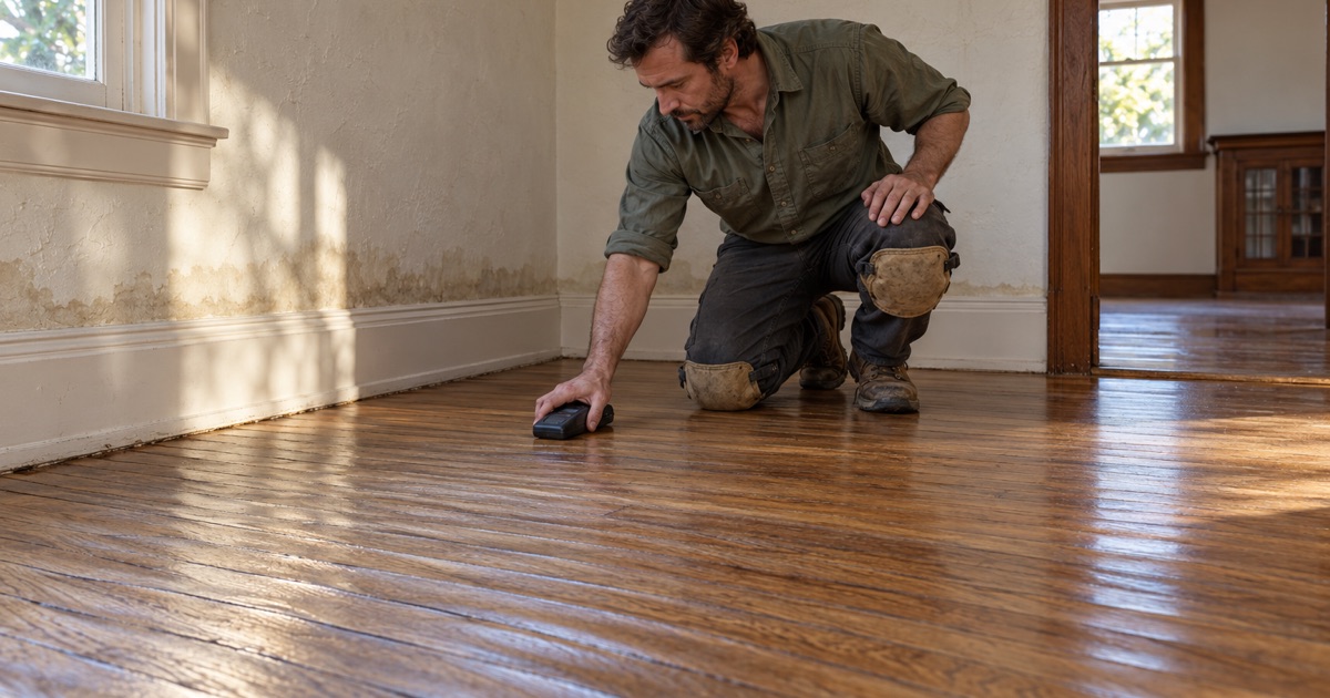 Installer checking a moisture meter against cupped white oak boards near a water-stained wall in a Huntington Park house.