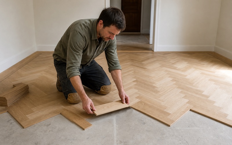 Installer setting a wide white oak plank into a herringbone field in a Huntington Park house, working from a centerline.