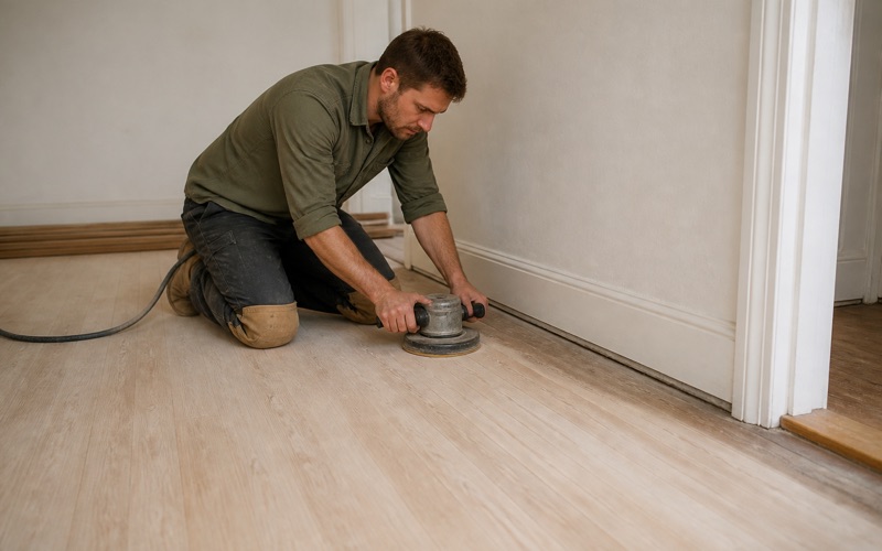 Installer working an edger along the perimeter of a white oak floor in a Huntington Park bungalow, blending the edge into the sanded field.