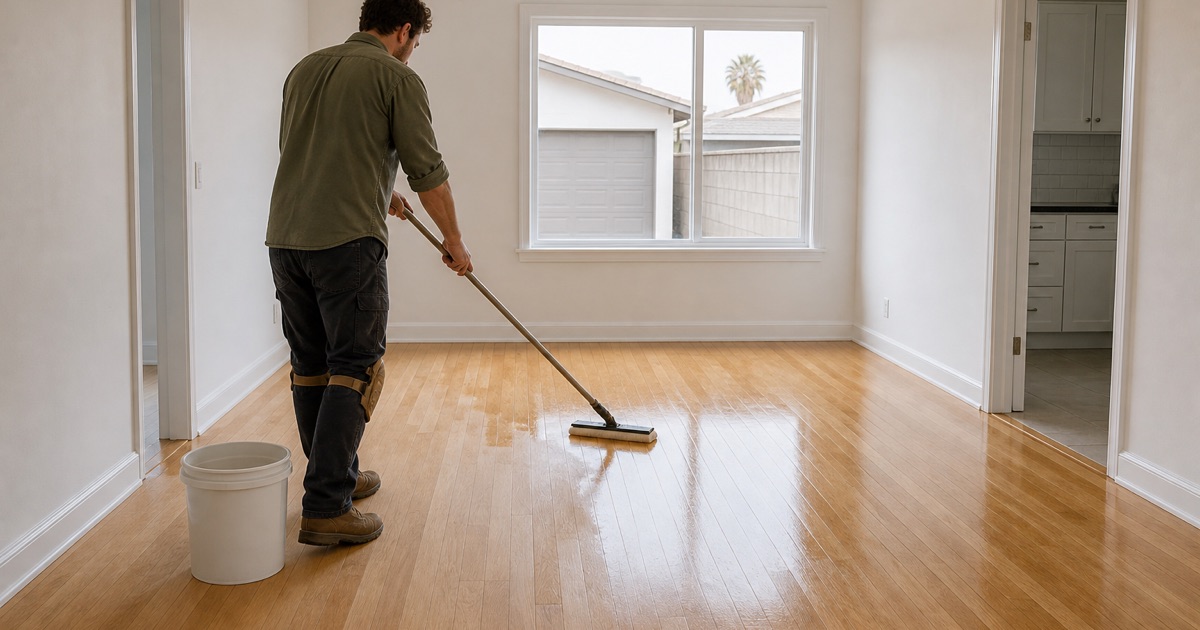 Installer applying a maintenance coat to a white oak floor in an empty Bell rental unit, working backwards off the wet edge.