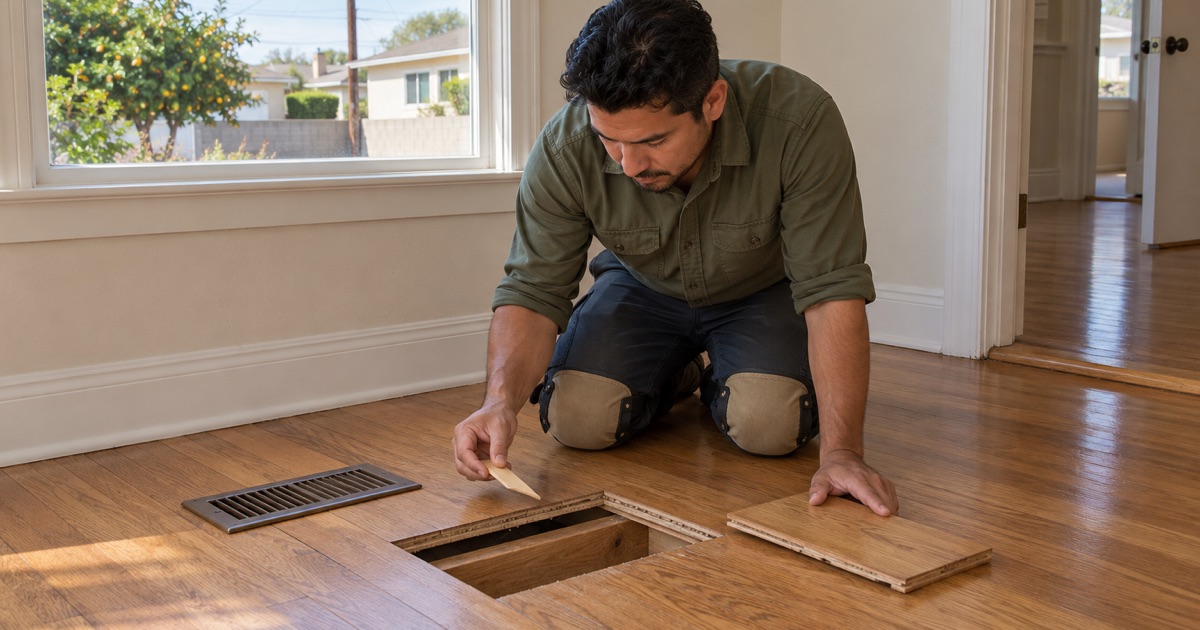 Installer driving a shim between joist and subfloor beneath a Compton floor, working through a lifted floor register.