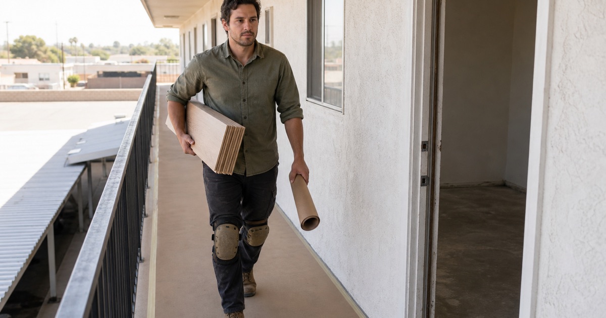 Installer carrying engineered oak flooring along the open walkway of a Cudahy apartment building past several unit doors.