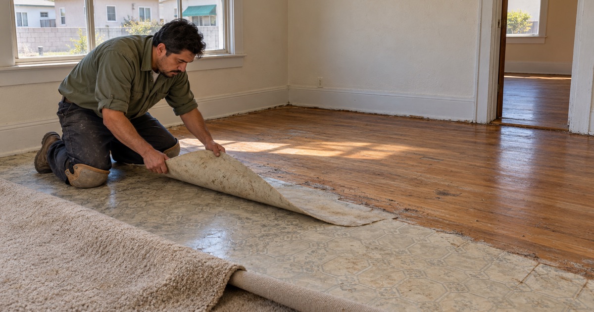 Installer lifting old sheet vinyl off original oak in an East Los Angeles house, three floor coverings visible in section at the cut edge.