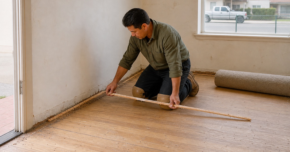 Installer pulling tack strip from the perimeter of a Florence-Graham floor after carpet removal, the split boards along the wall visible.