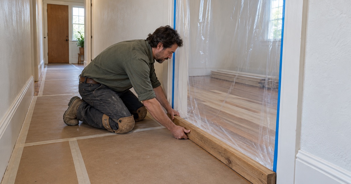 Installer sealing a unit doorway with plastic sheeting in a Maywood duplex, the shared hallway protected beyond it.