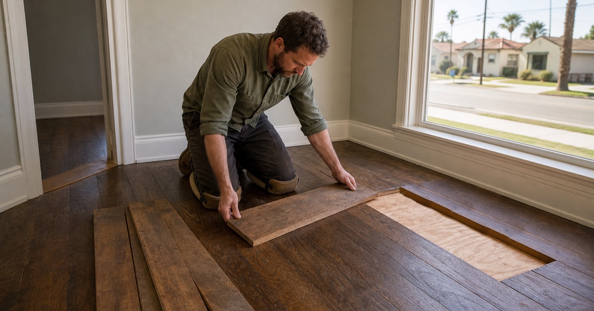Installer holding a reclaimed oak board against an original South Gate floor to compare width and grain before cutting.