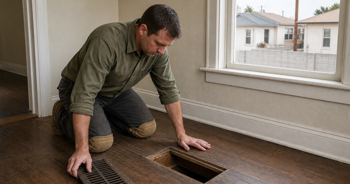Installer reading the remaining thickness of an original Walnut Park oak floor at a lifted floor register.