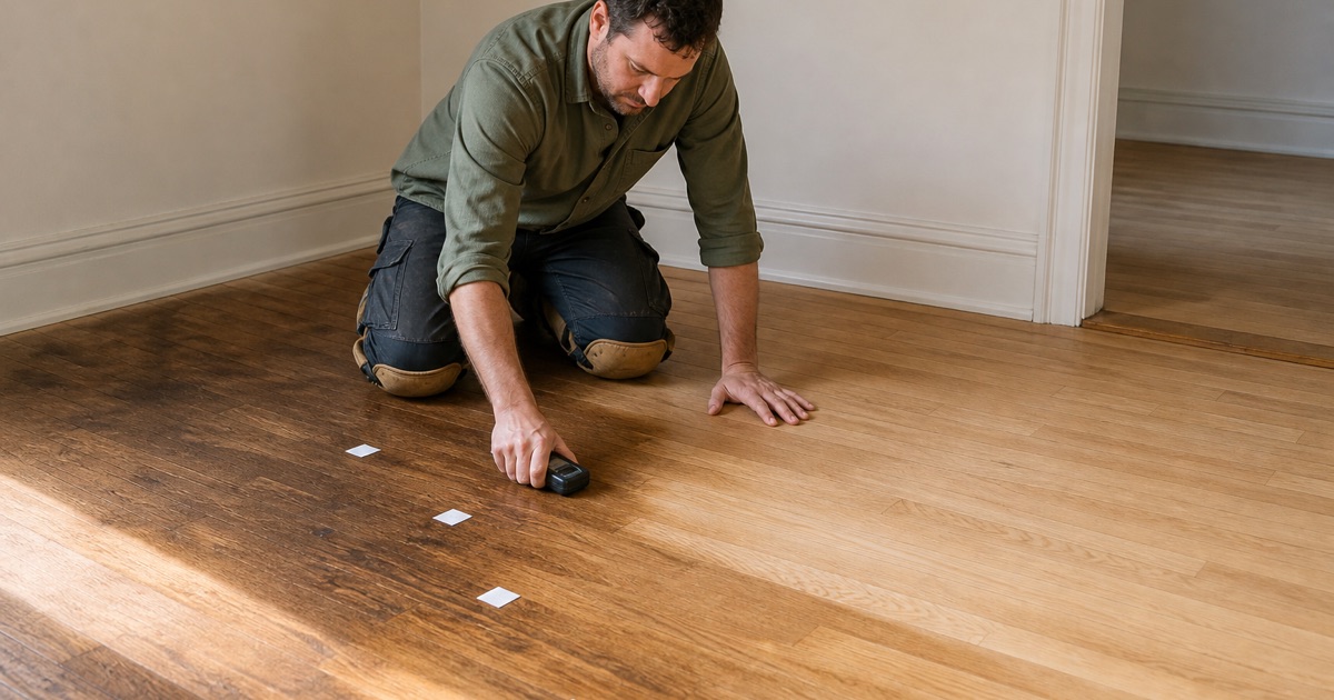Installer mapping moisture across white oak boards in a Watts house, working outward from a water-stained area toward sound flooring.